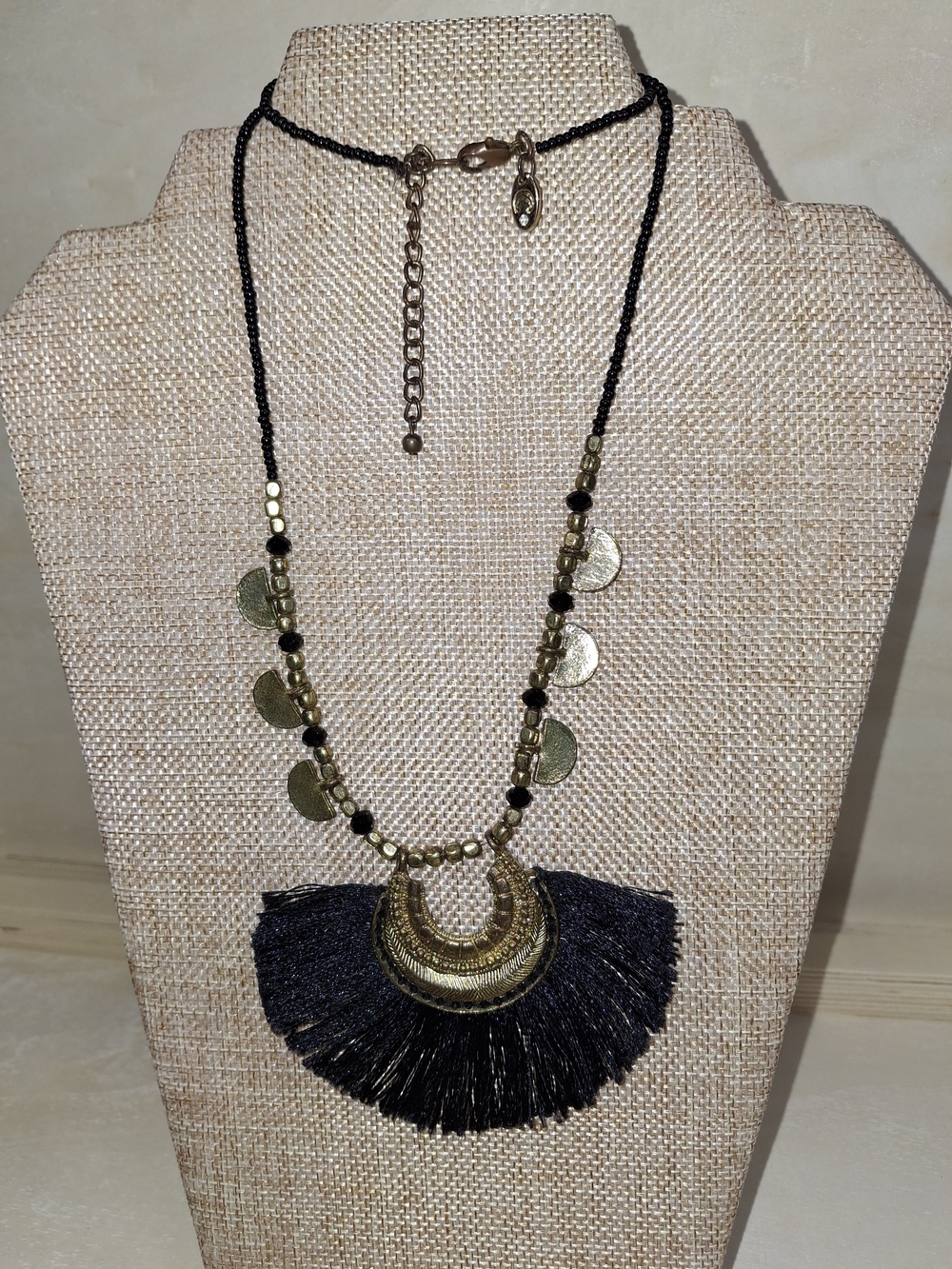Charming Charlies Boho Fringe Pendant Necklace - Black and Gold